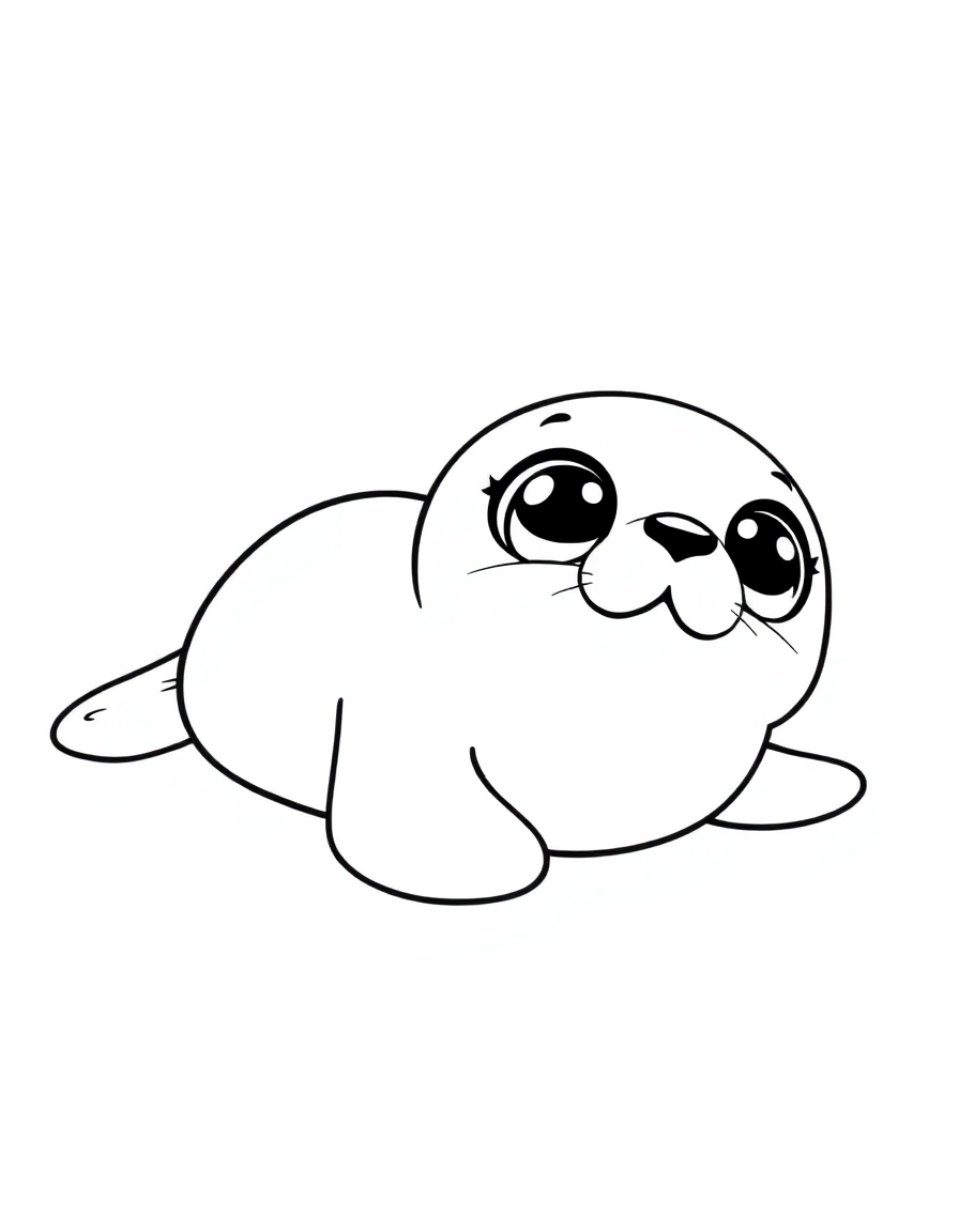 Seal Pup: A baby harp seal (white fur) lying on its belly and looking up with huge, adorable eyes.