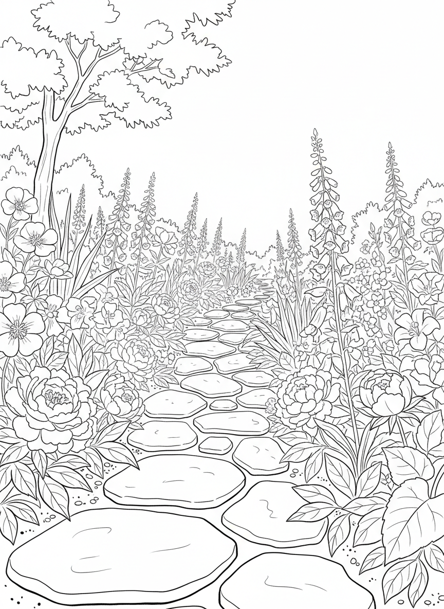 A garden path made of stepping stones winding through flower beds with various blooms on either side.