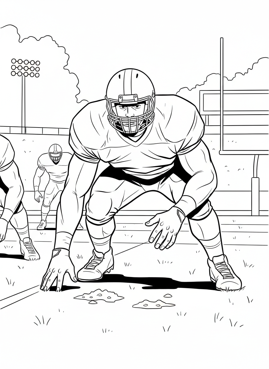 A linebacker in three-point stance ready for the snap, intense focus, defensive position before the play begins.