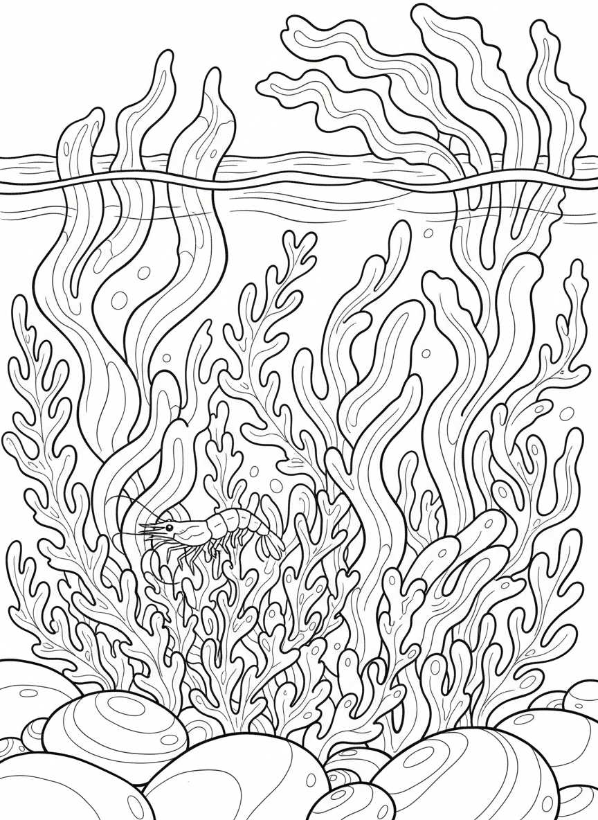 A peaceful tide pool garden showing sea lettuce, rockweed, and other seaweeds with a small shrimp hiding among the plants