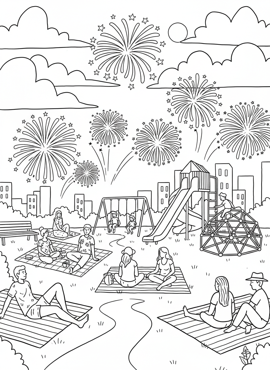 A city park scene with people on blankets, a playground in the distance, and multiple fireworks lighting up the sky above.