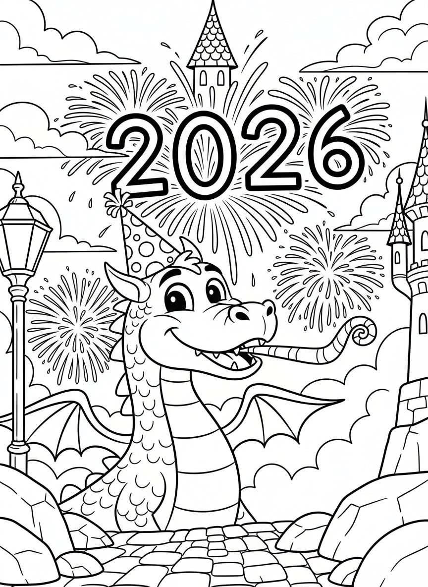 A friendly dragon wearing a party hat and blowing a noisemaker, with '2026' fireworks bursting in the background sky.