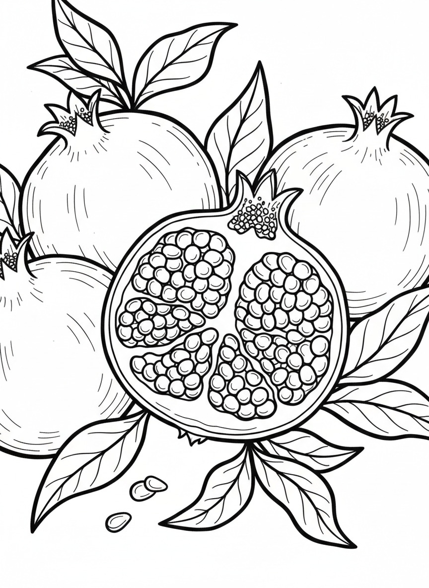 A large pomegranate cut in half showing seeds inside, with whole pomegranates and leaves around it