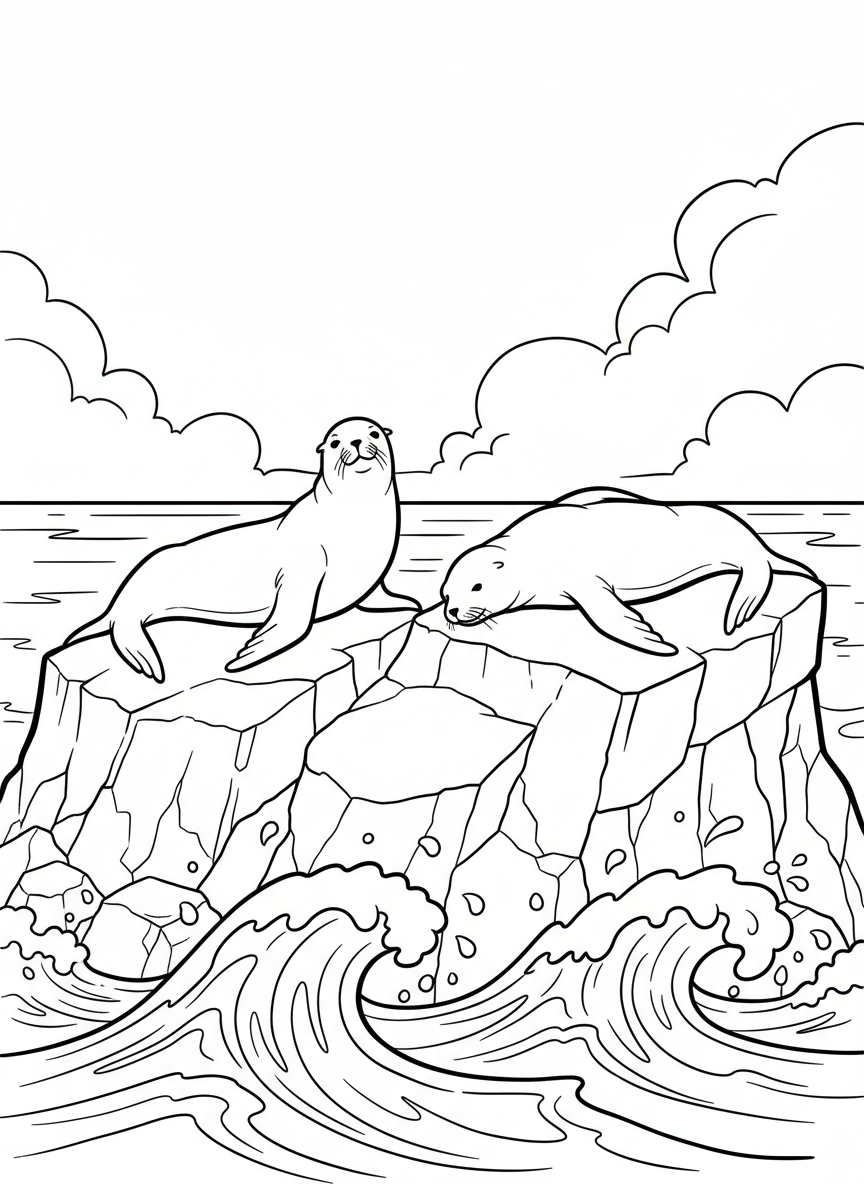 Two sea lions sunbathing on a large rocky outcrop with waves splashing gently around them, ocean horizon in background.
