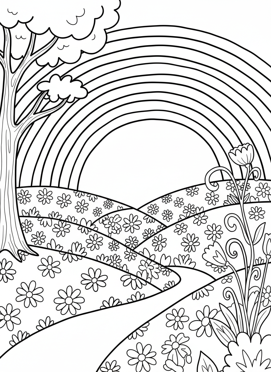 A bright rainbow arching over rolling hills with flowers, clear bold lines for coloring