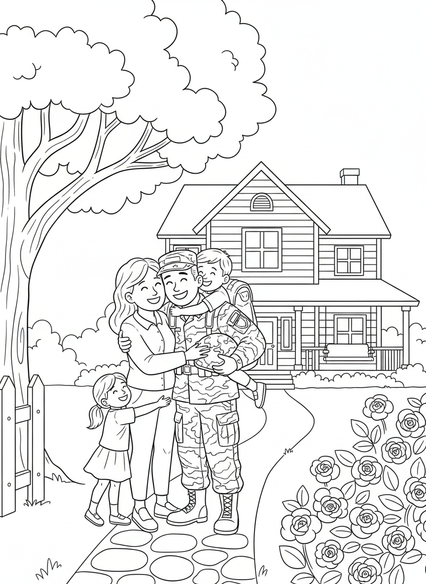 A soldier reuniting with family members in a warm embrace, heartwarming scene showing homecoming