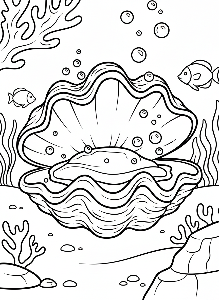 Giant clam shell opened wide showing smooth interior curves, with tiny bubbles floating upward in the water.