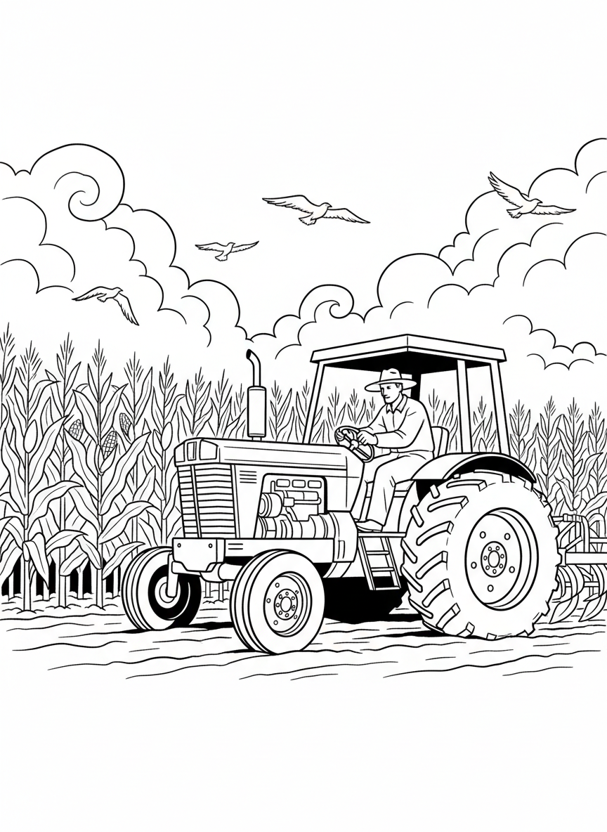 A farmer driving a large tractor through a field of corn, with clouds in the sky and birds flying overhead.