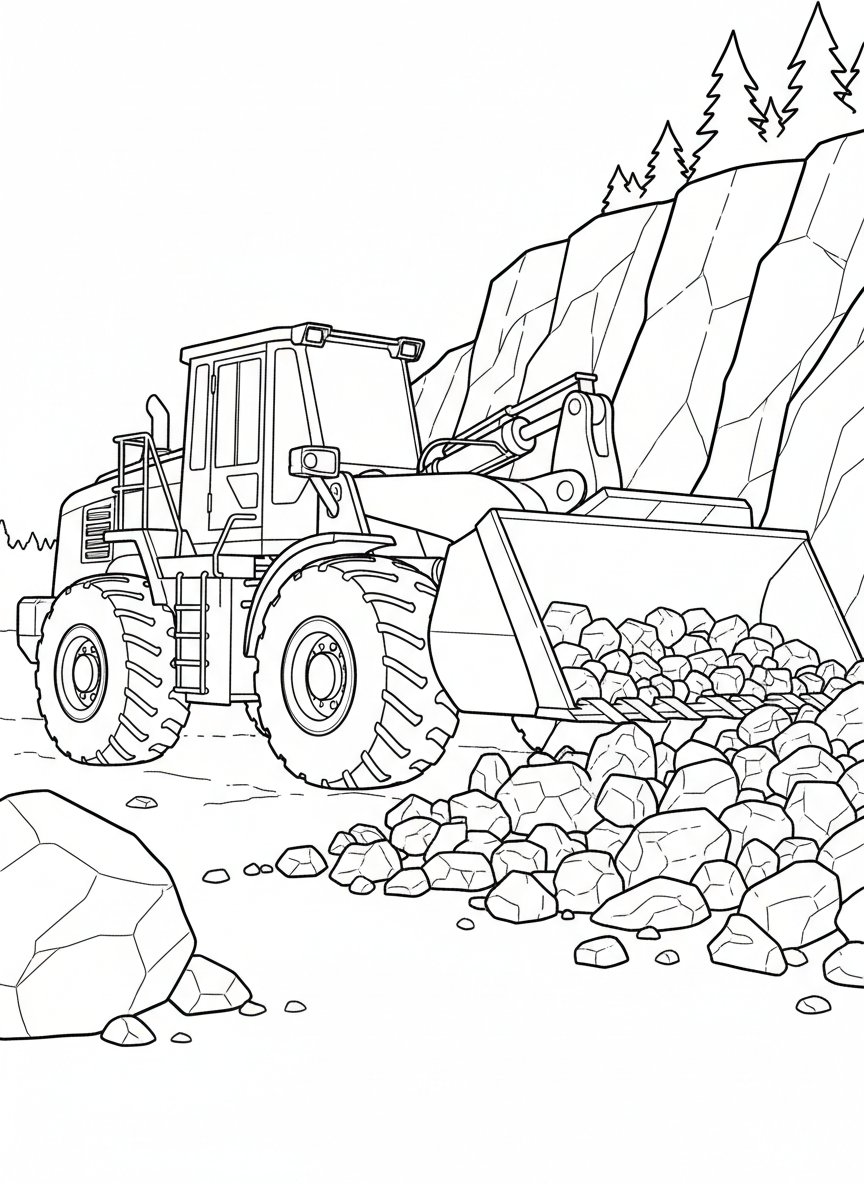 A wheel loader scooping up rocks and debris with its large front bucket, powerful stance and chunky tires.
