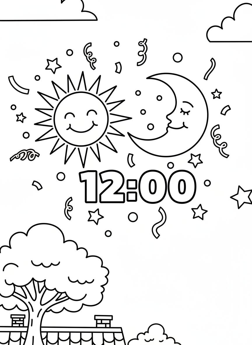 A smiling sun and moon together in the sky with '12:00' between them, surrounded by celebration confetti