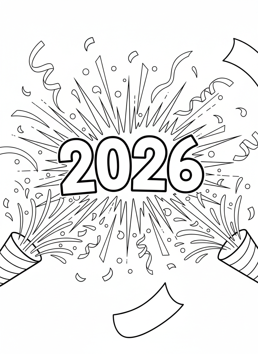 Party poppers exploding with streamers and confetti, revealing the numbers '2026' in the center of the burst pattern.