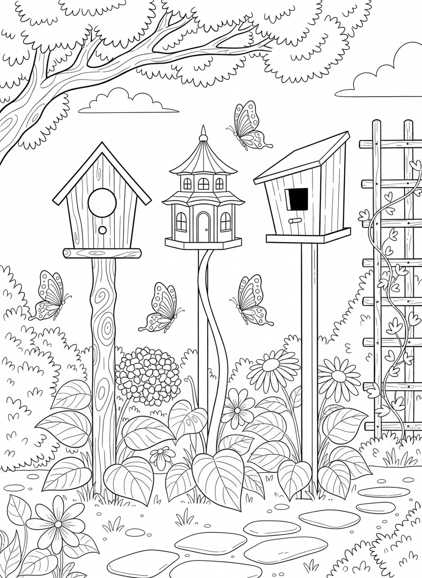 A row of three different birdhouses on posts in a backyard garden setting with butterflies nearby
