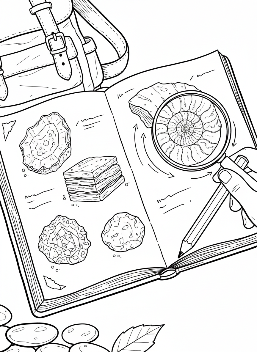 Close-up of a field journal page with sketches of different rocks, notes, and a pencil, showing a young scientist's observations.