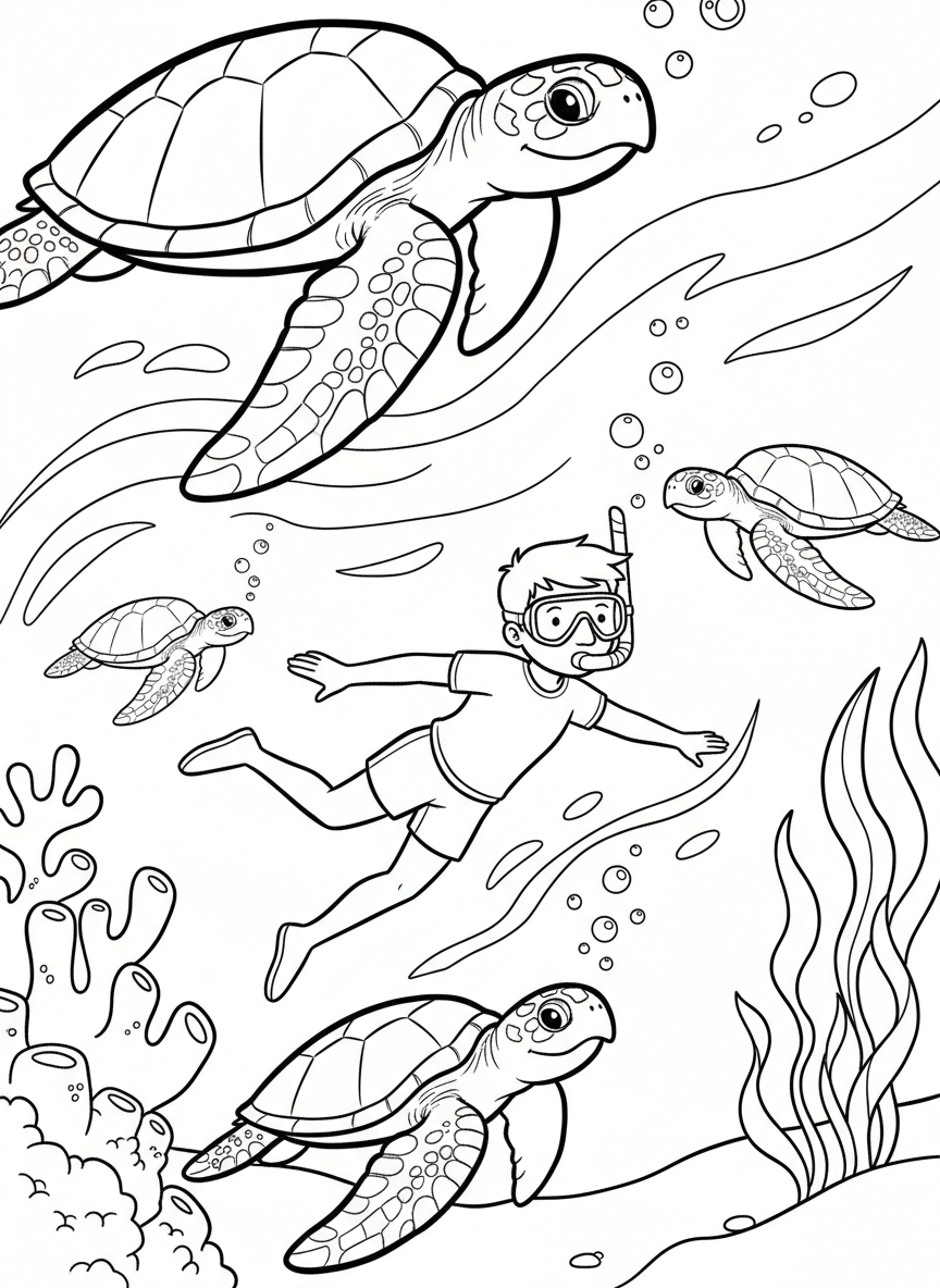 Underwater view of a young snorkeler surrounded by friendly sea turtles swimming peacefully, clean line art