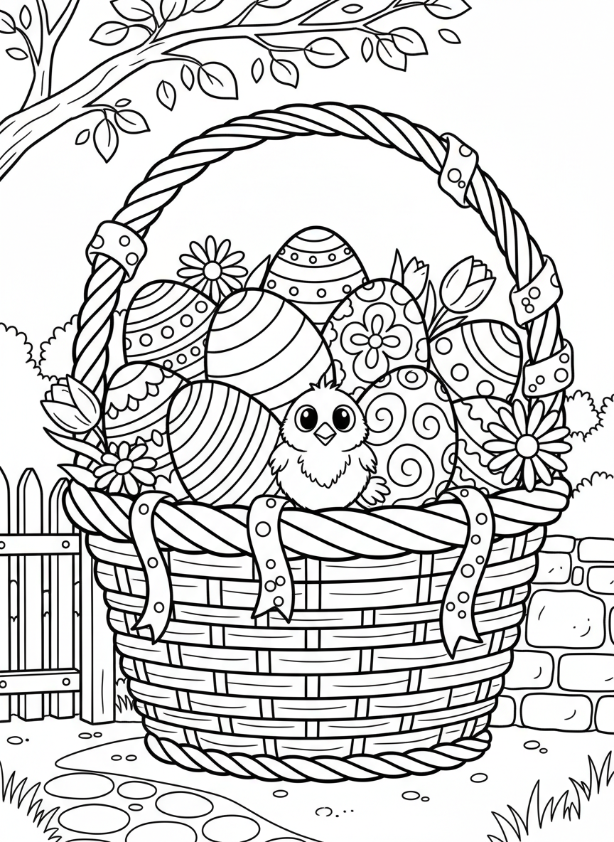 An elaborate Easter basket overflowing with patterned eggs, ribbons, flowers, and a small chick peeking out, detailed composition