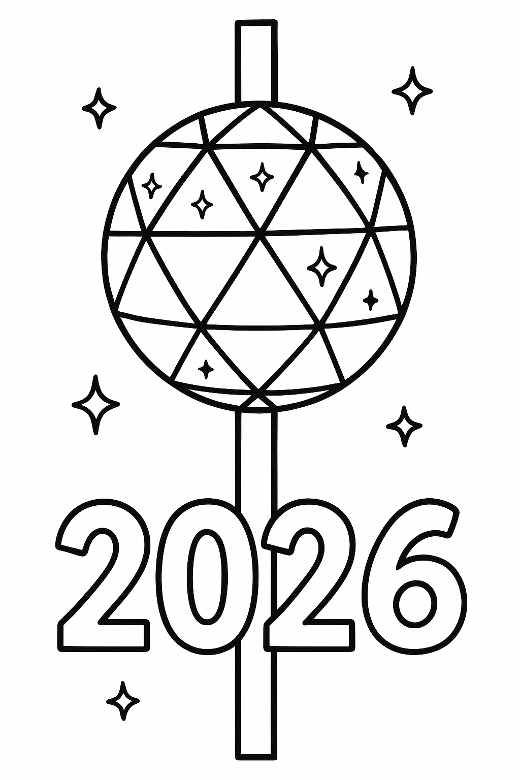 Ball Drop: A shiny, decorated Times Square-style ball dropping down a pole, with the year "2026" lighting up below it.