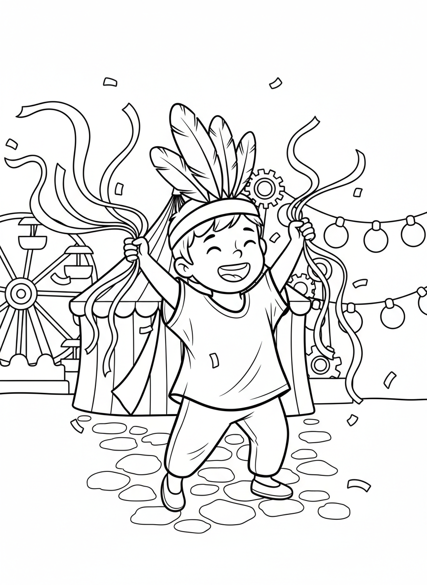 A simple scene of a smiling child wearing a small feathered headband and holding colorful streamers at a carnival celebration.