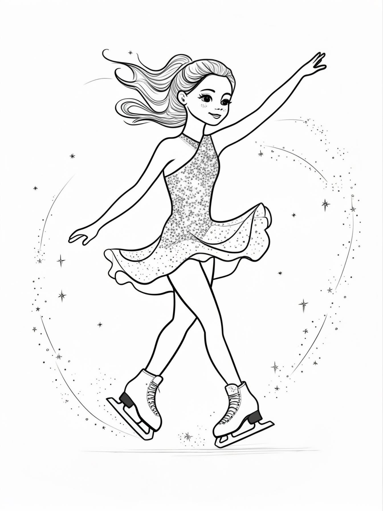 Figure Skating Princess: A graceful skater doing a spin, wearing a sparkly outfit, with trails of stars following her skates.