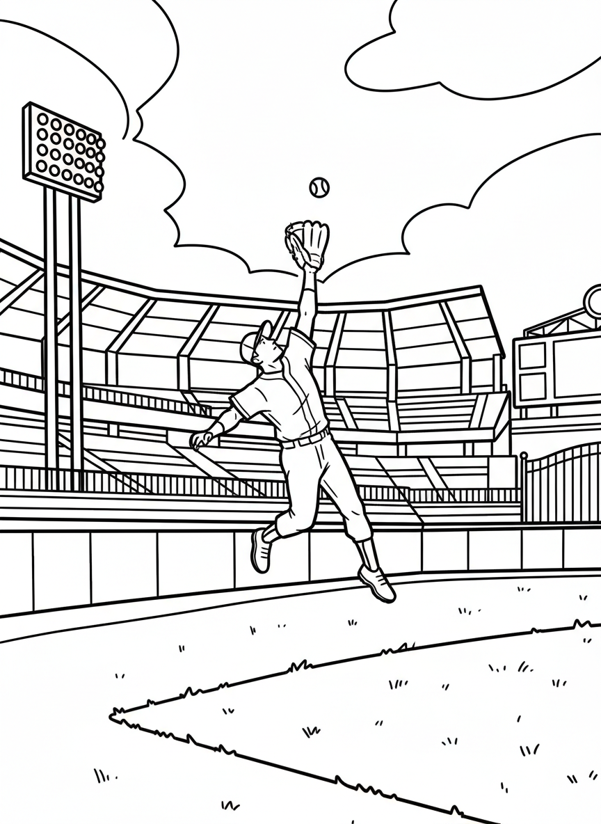 An outfielder jumping high to catch a fly ball near the outfield wall, athletic pose with stadium details in background.