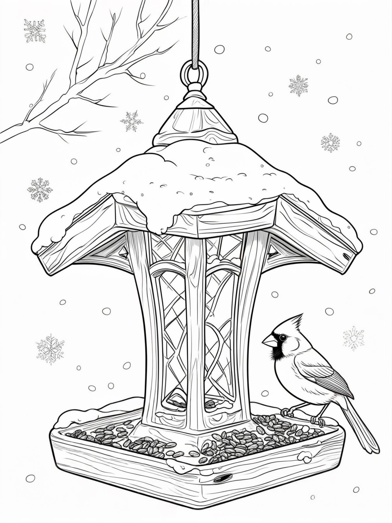A detailed bird feeder, covered in a light dusting of snow, with a small cardinal or chickadee perched on it. Bare branches and more snow are in the background.