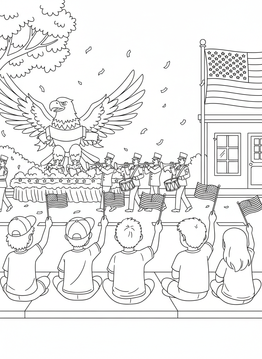 Independence Day Parade coloring page prompts capturing patriotic parades, music, and festive community pride.	Children sitting on the curb waving miniature flags as the parade passes by.