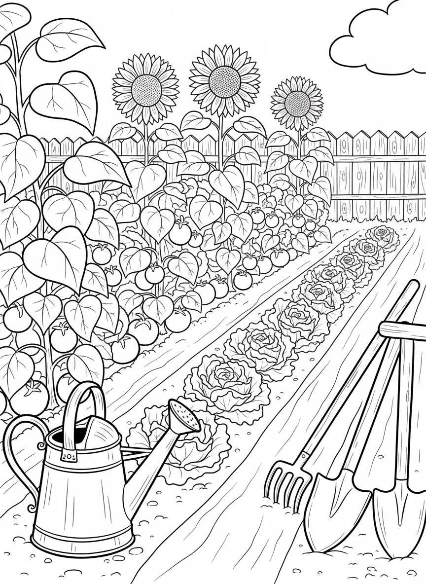 A vegetable garden with rows of tomatoes, lettuce, and sunflowers, with a watering can and garden tools in the foreground.