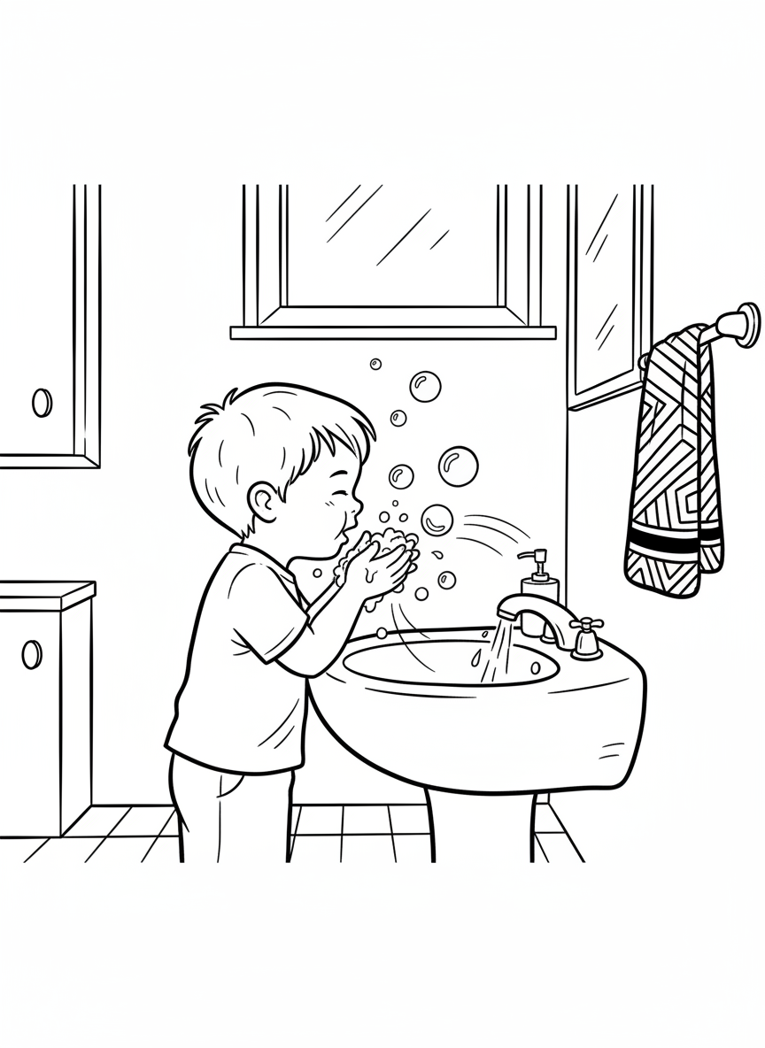 A child washing face at the sink with water splashing gently, hands cupped near face, soap bubbles floating, towel hanging nearby
