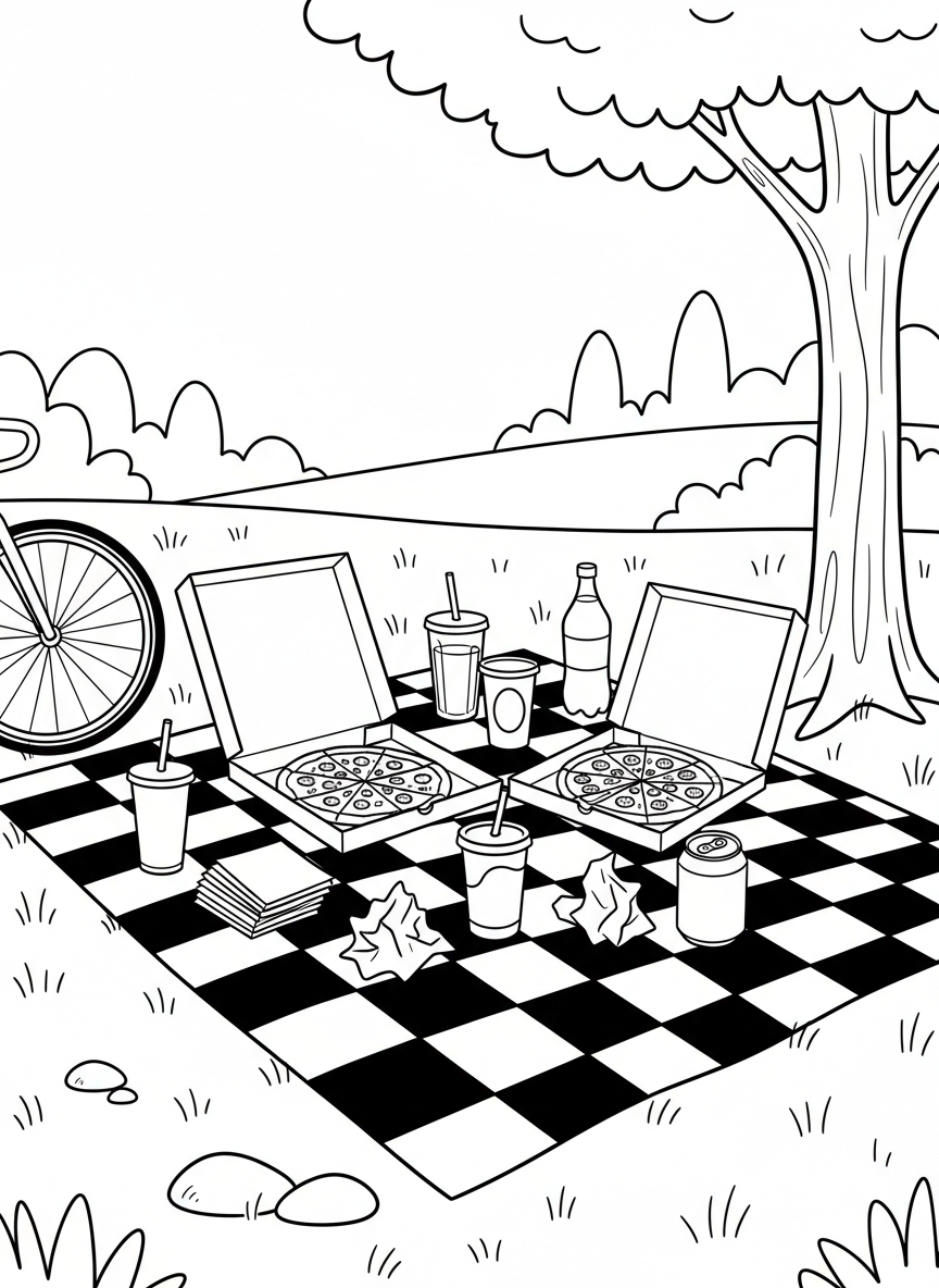 A picnic blanket with pizza boxes, napkins, and drinks for an outdoor pizza party in the park