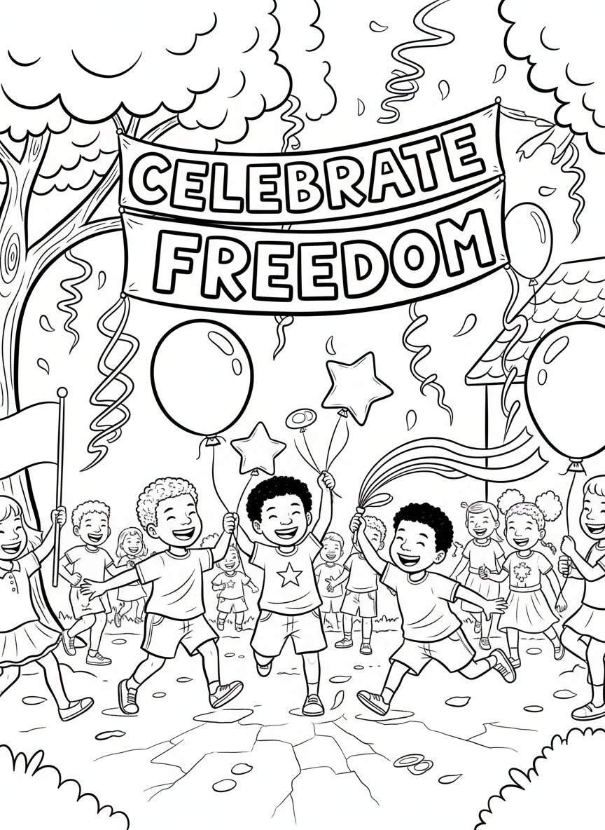 Children playing together at a Juneteenth festival with balloons, streamers, and a 'Celebrate Freedom' banner overhead