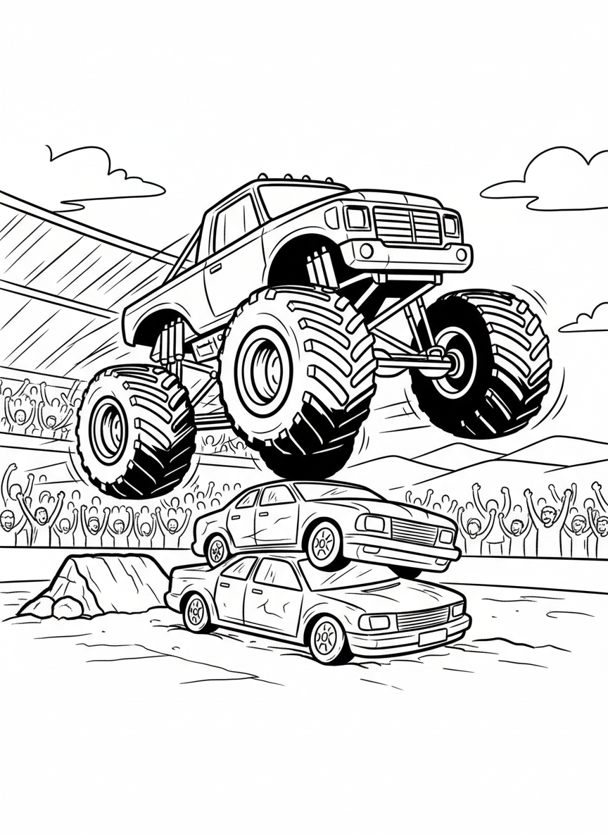 A giant monster truck with oversized wheels jumping over a row of crushed cars, mid-air action pose with motion lines, simple background.