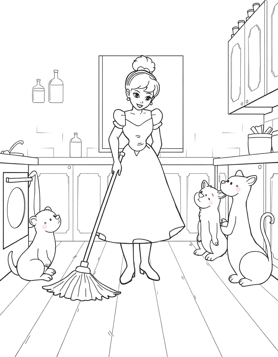 Cinderella sweeping the kitchen floor with her animal friends watching, wearing a simple dress.”