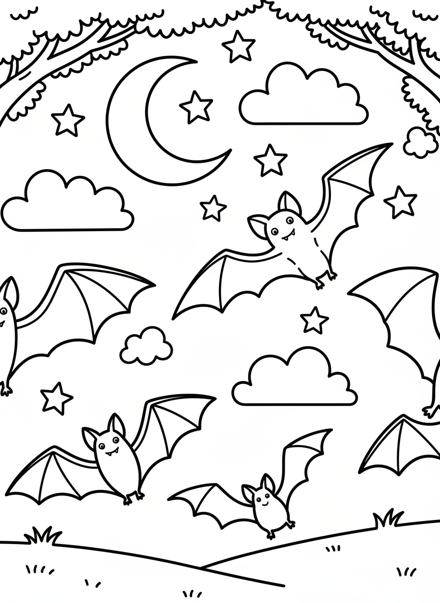 Multiple bats in flight forming a pattern across the sky, different wing positions, simple repeating design for younger children