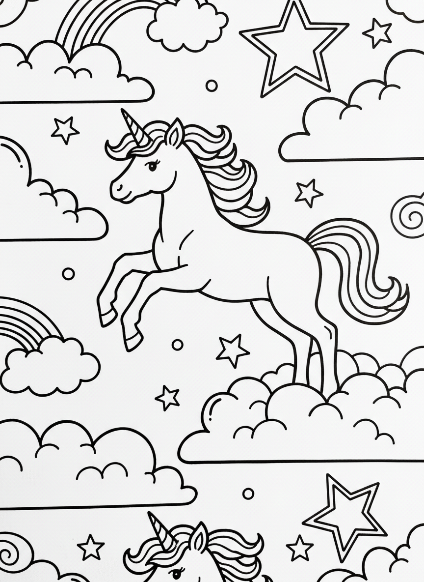 A unicorn foal playing in a rainbow-filled sky, jumping between clouds with stars scattered around.