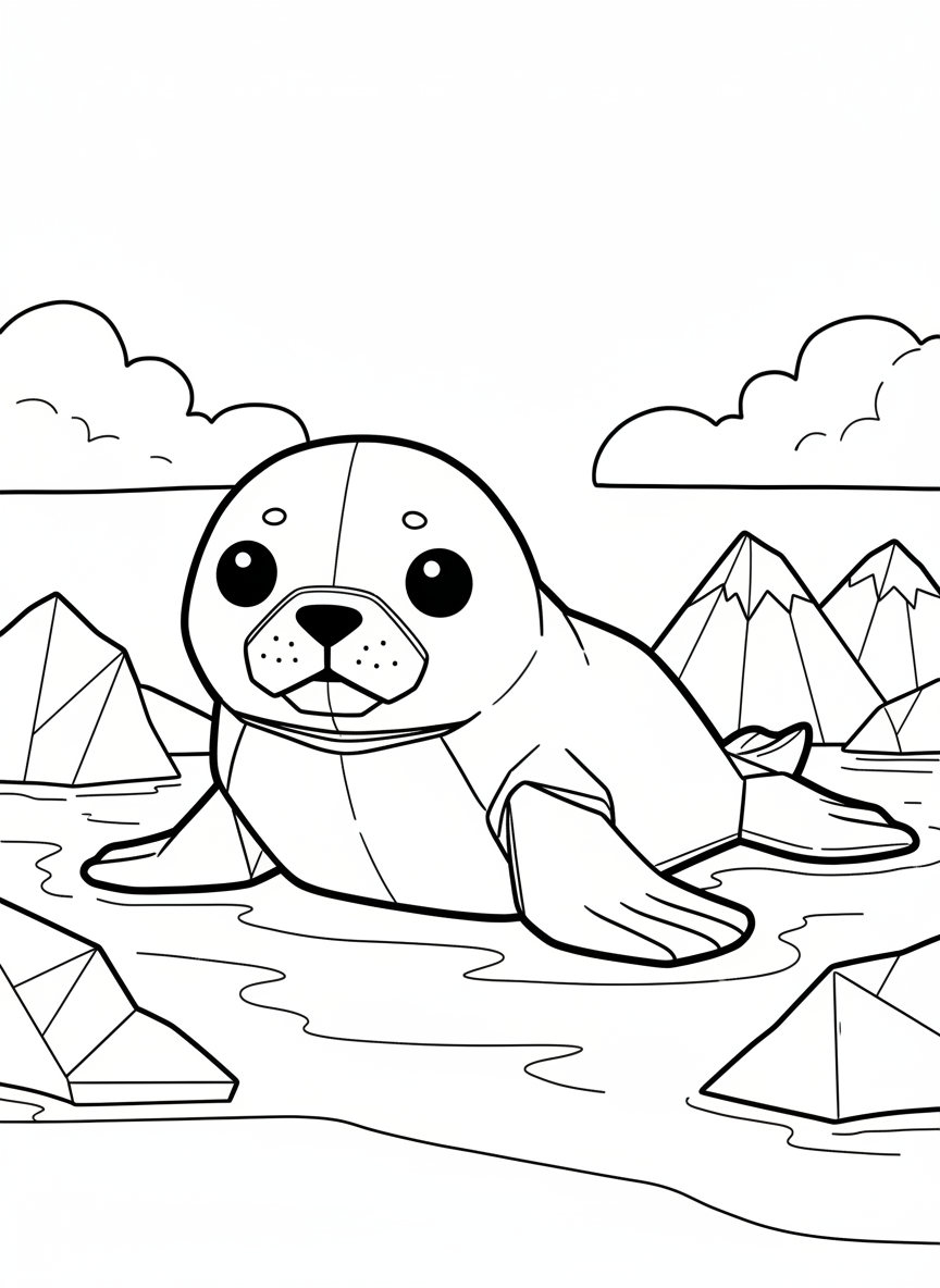 A cute origami baby seal pup lying on its belly, round body made of simple folded paper shapes with large eyes and flippers, easy design for beginners