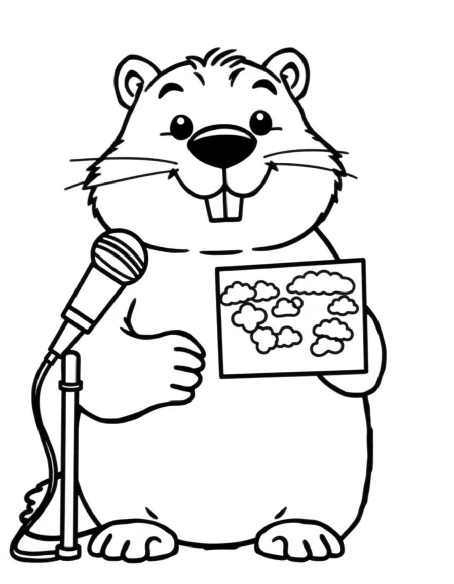Groundhog Day: Weather Reporter: A groundhog holding a microphone and pointing to a map of the sun and clouds.