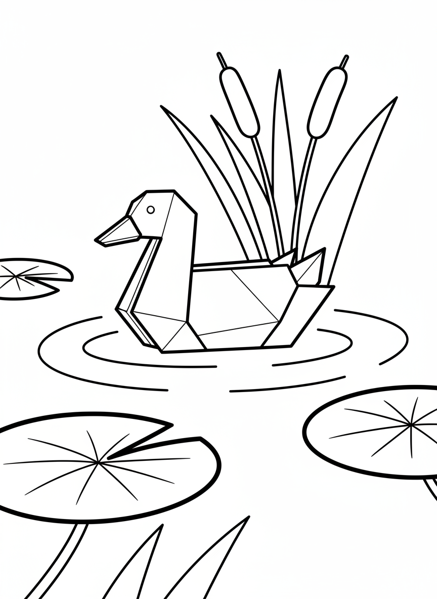 A simple origami duck floating on pond water with cattails and lily pads, showing basic triangular folds perfect for beginners.