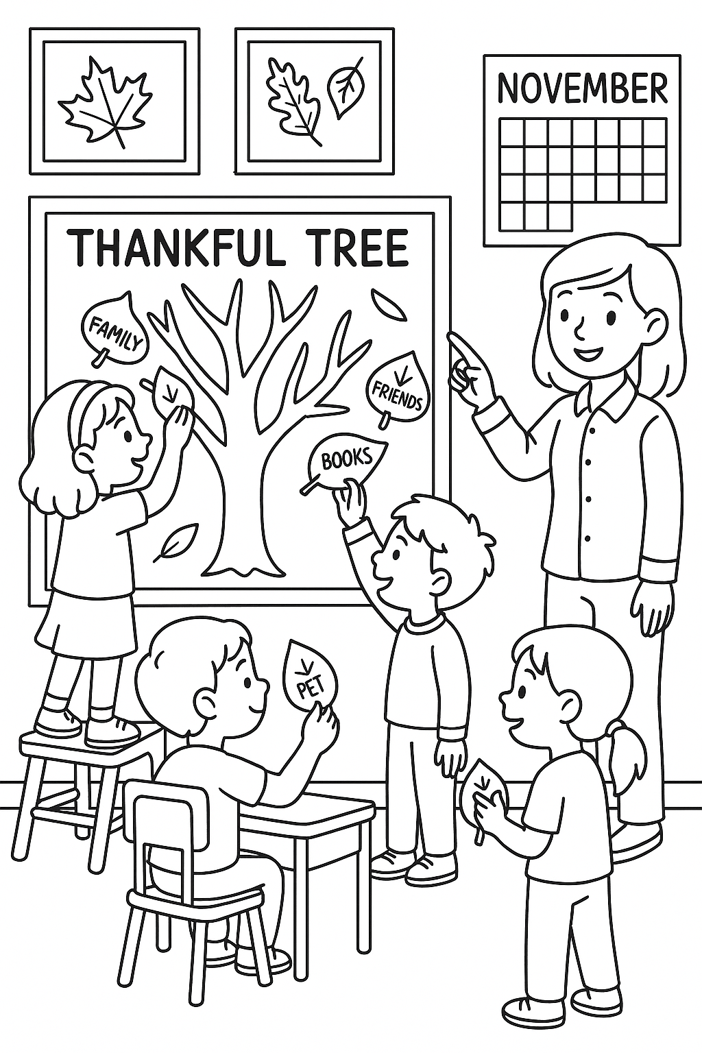 Kids in classroom making thankful tree on bulletin board, each adding paper leaves with gratitude messages, teacher pointing at calendar showing November, fall decorations on windows