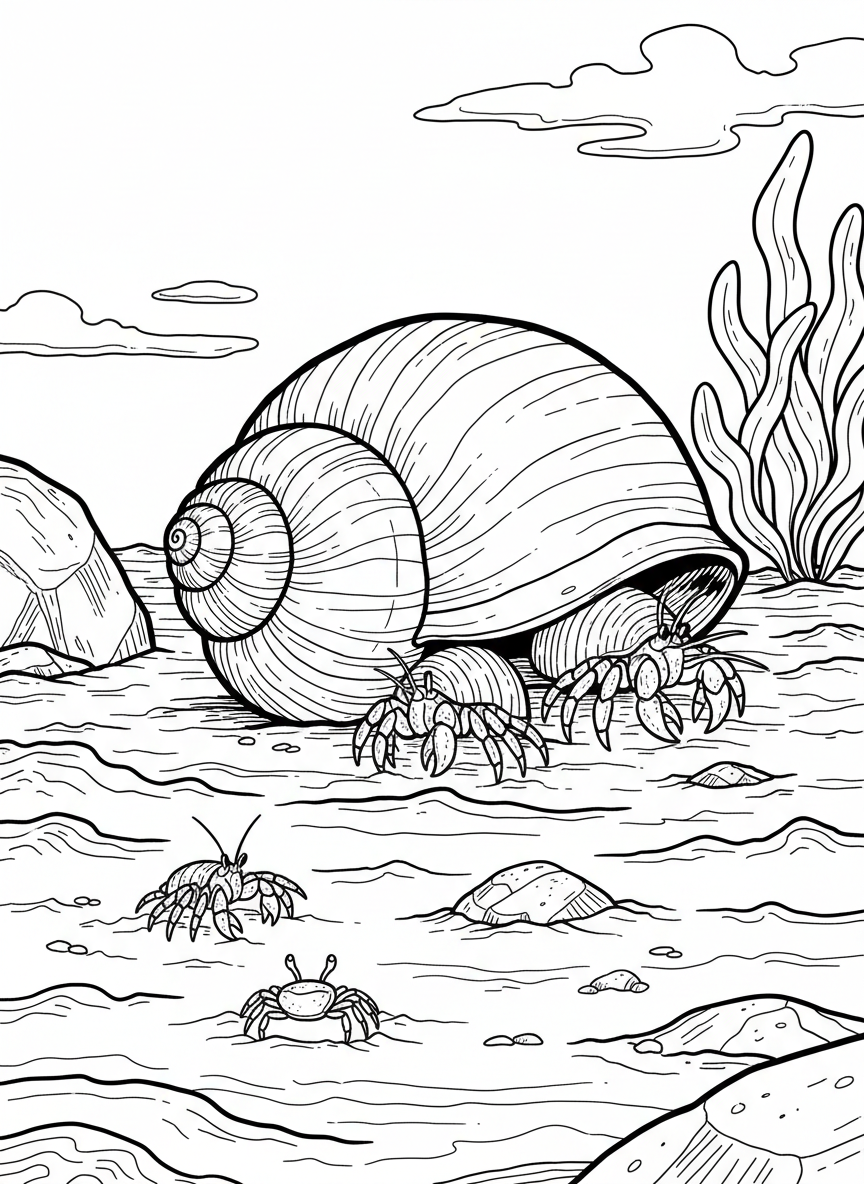A moon snail shell half-buried in sand with hermit crabs investigating it and tiny sand crabs nearby