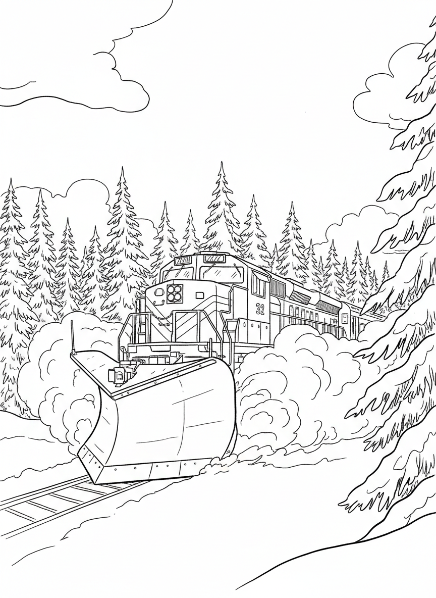 A snow plow train pushing through deep snowdrifts in a winter landscape with snow-covered evergreen trees