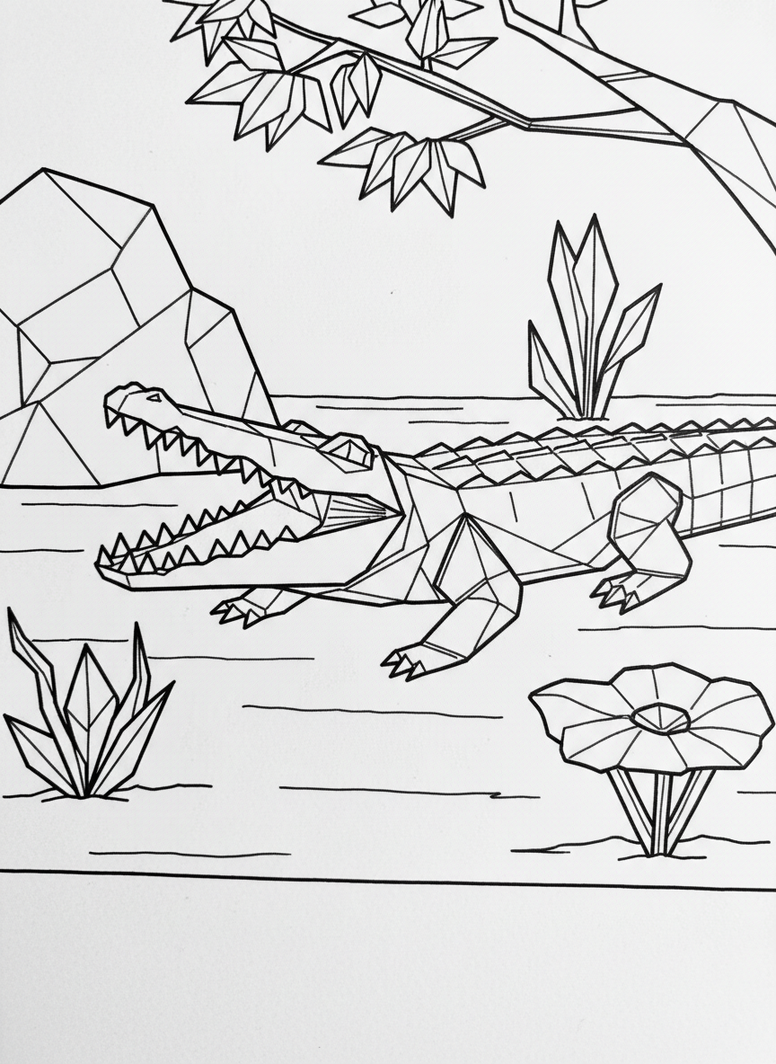 An origami crocodile with zigzag teeth and segmented body showing clear paper fold lines, lying near paper-folded water plants.