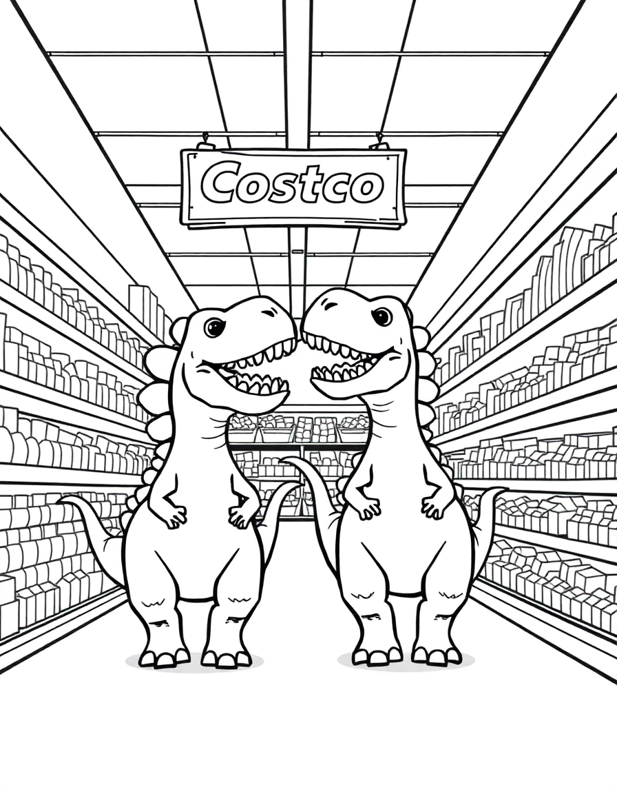 wo silly dinosaurs walking down a grocery store isle with the words "Costco" written on one sign hanging from the ceiling