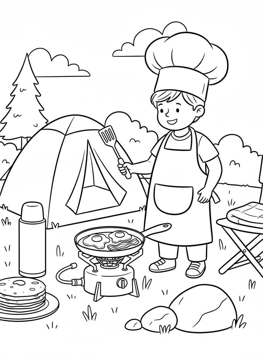 Backyard camping breakfast scene with a small camping stove, pan with eggs, and a child chef wearing an apron.