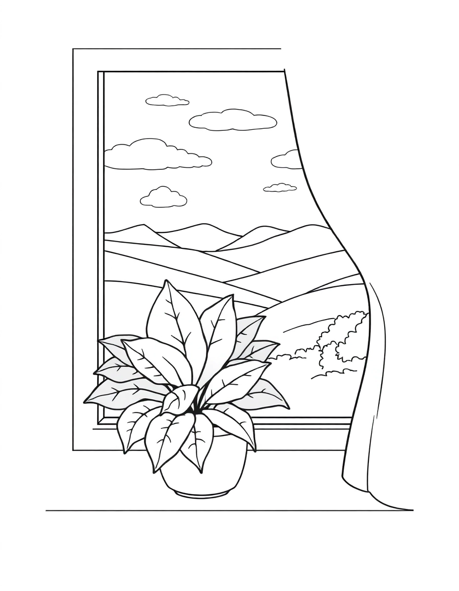 A cozy indoor plant scene: a decorative potted plant with broad, textured leaves sits on a sunny window sill. Through the window, a serene outdoor landscape with distant hills and a clear sky is visible, and a flowing curtain gently sways.
