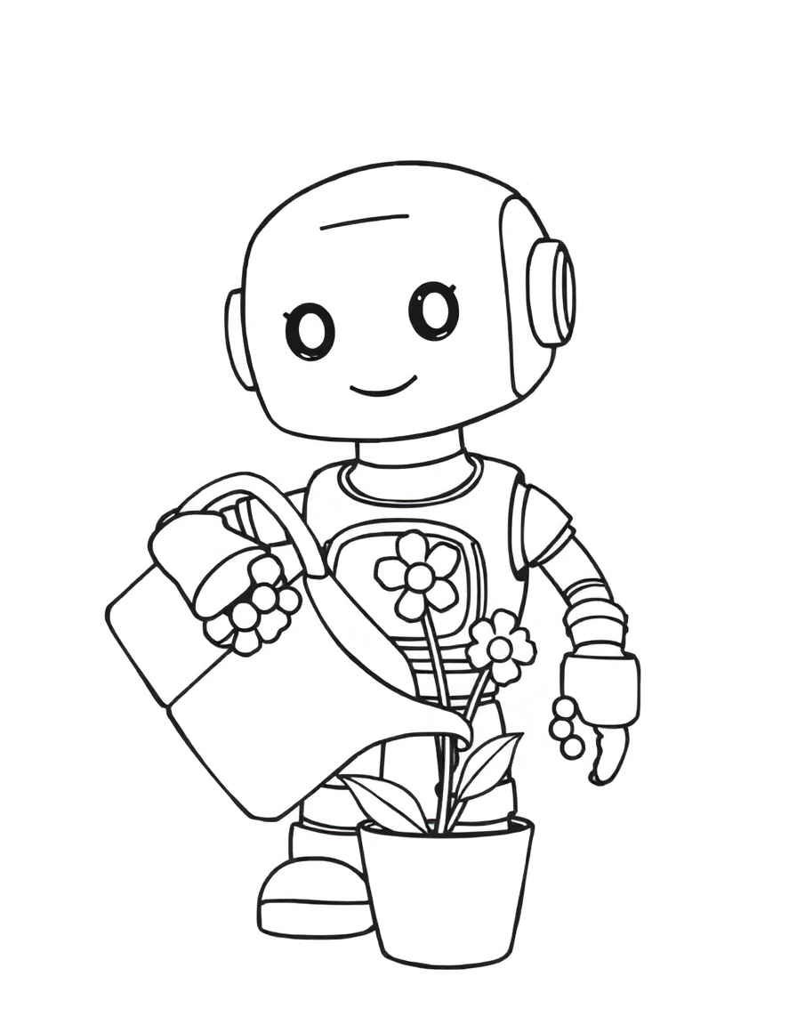 A gentle happy robot with a kind digital face, carefully using a watering can to water a single flower in a small pot. A clean black and white line art illustration with bold, consistent outlines and a simple composition.