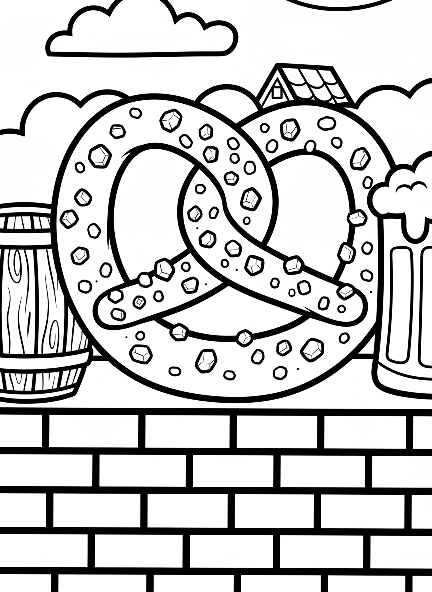 A pretzel with large salt crystals, twisted in a classic shape, simple and bold for easy coloring.