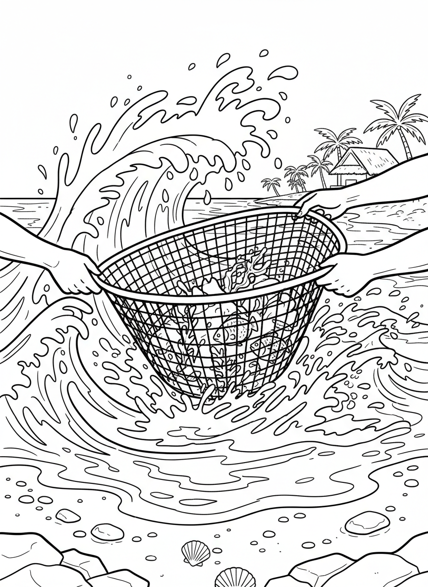 A mesh collecting net scooping up small fish and seaweed from shallow water, action scene with splashing waves.