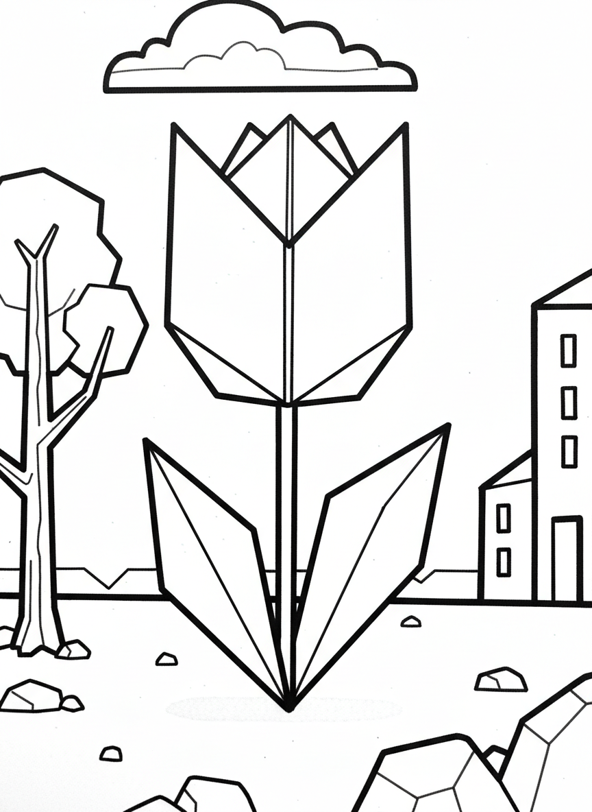 A simple origami tulip with geometric fold lines visible, standing upright with two angular leaves at the base, clean line art for coloring.