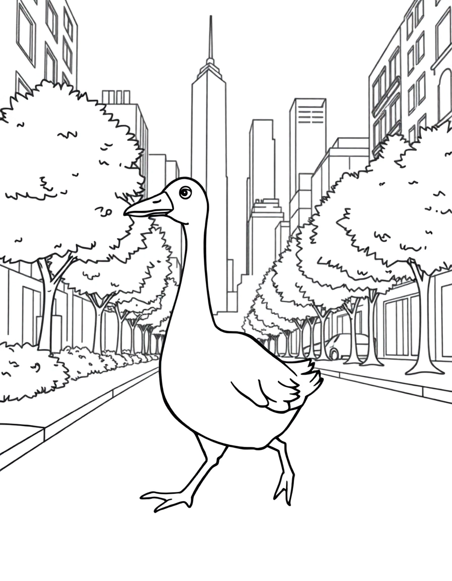 A goose walking down the street smelling trees with skyscrapers in the background 