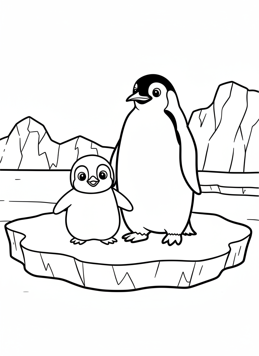 A cheerful emperor penguin chick standing next to its parent on an ice floe, simple outlines and large shapes perfect for young children to color.