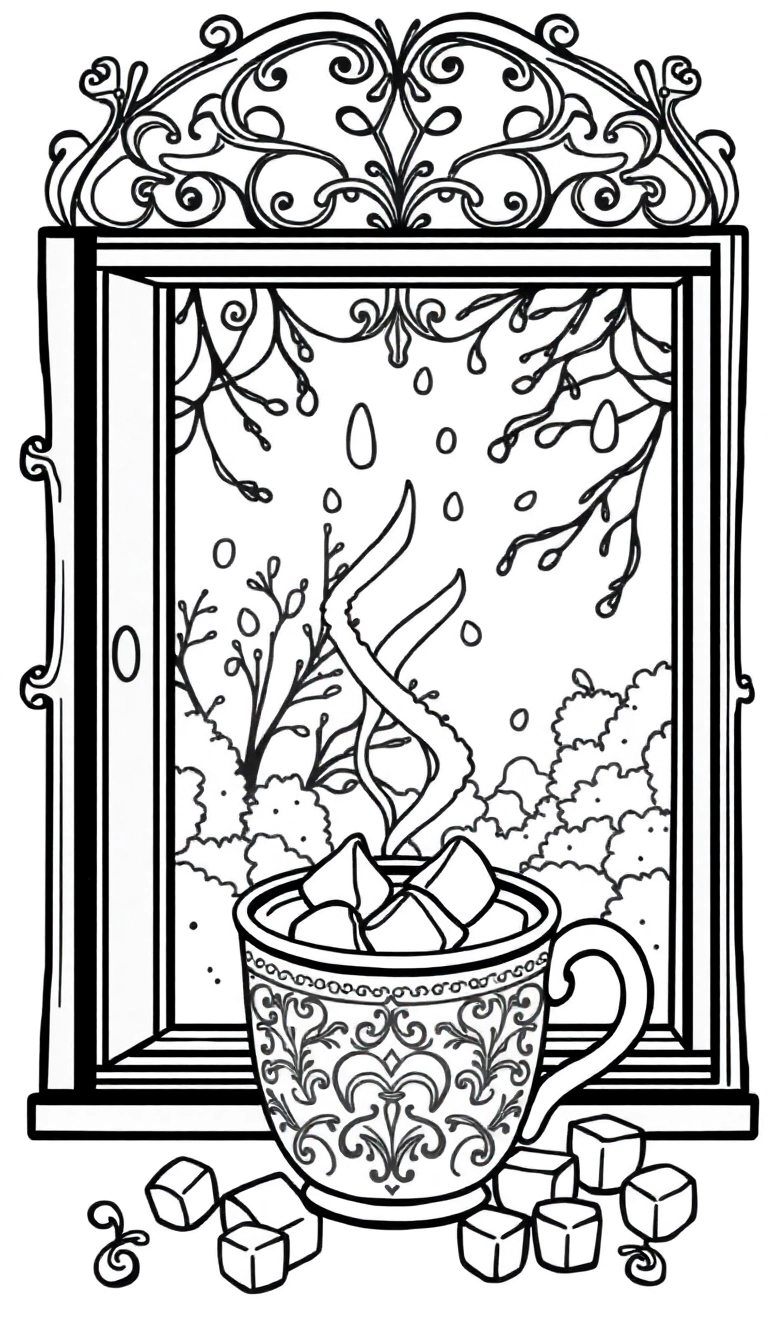 A steaming cup of hot chocolate with marshmallows next to a window with a view of a rainy autumn day.